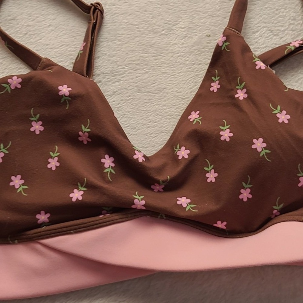 JoyLab Brown Pink Floral V-Neck Sports Bra Crossover Band Adjustable Straps M - Picture 9 of 11